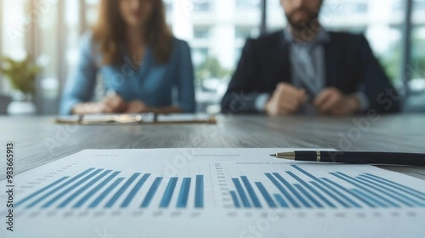 Fototapeta A man and a woman are sitting at a table with a pen and a piece of paper with graphs, professional business setting