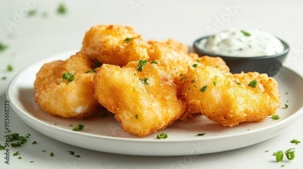 Obraz A plate of crispy fried fish with tartar sauce, photographed against a minimalistic light surface, no logos.