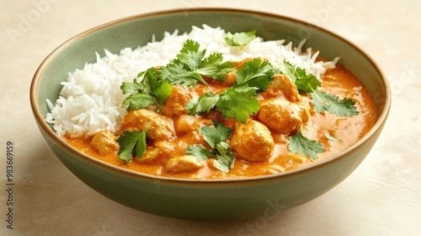 Fototapeta A vibrant bowl of chicken curry with basmati rice, garnished with fresh cilantro, set on a plain beige backdrop.