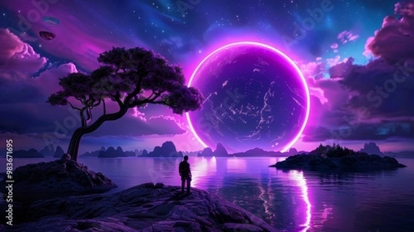 Fototapeta Silhouette of a Man Contemplating a Purple Planet Under a Starry Sky