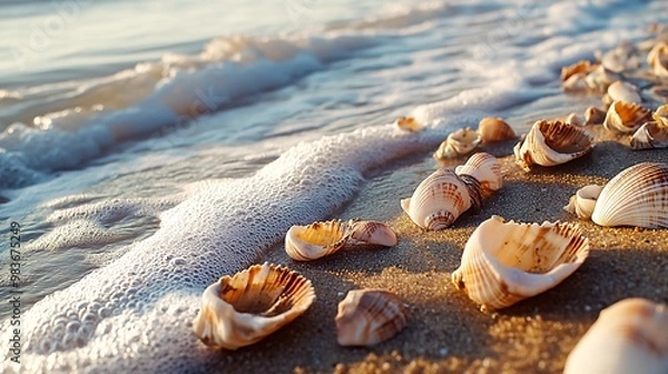 Obraz Seashells on the sandy beach with foamy water waves at sunset.