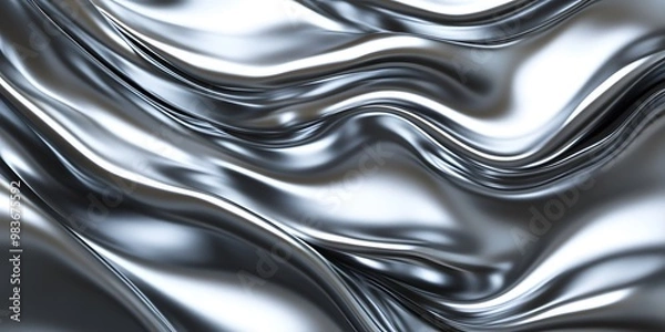 Fototapeta 3D render of an abstract, wavy, liquid silver background with a shiny metallic surface