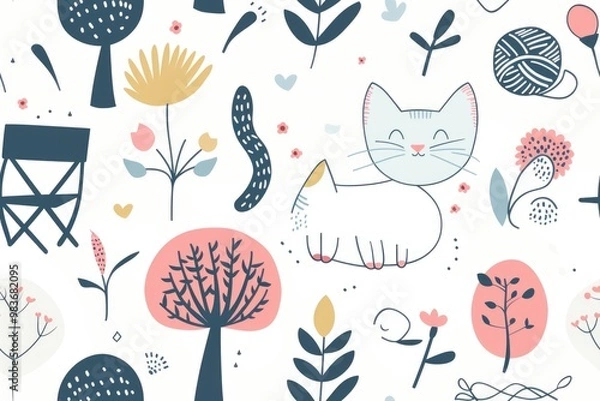 Fototapeta Whimsical nature and cat seamless pattern for fabric design and crafts. AI