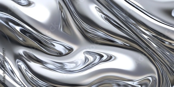 Fototapeta A close-up of smooth, silver, wavy liquid metal with shiny reflections. The background is white, 