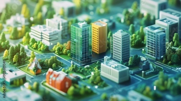 Fototapeta A detailed miniature model of a modern cityscape with various buildings and greenery, showcasing urban planning and architecture.