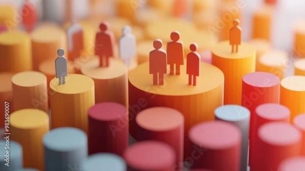 Fototapeta Colorful bar graph representing data analysis with human figures on top, symbolizing workforce, statistics, and demographics.