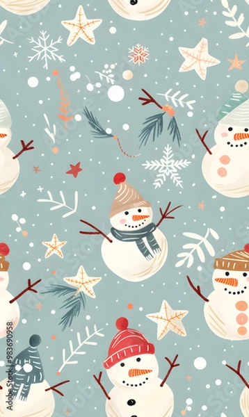 Fototapeta New Year's and Christmas festival seamless pattern in a 2D doodle illustrator style on pastel color backgrounds for graphic advertising.