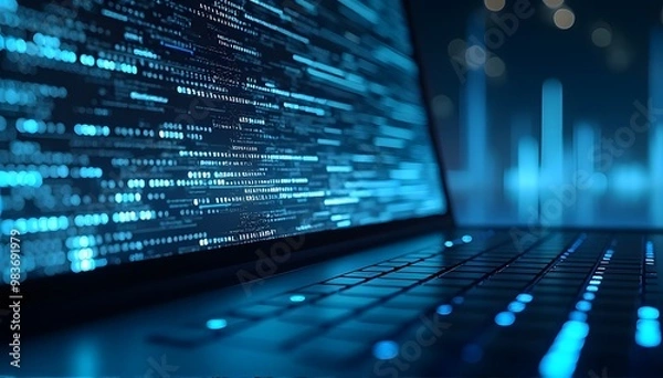 Obraz ノートパソコンの画面に電子コードのようなものが映るサイバーなイラスト