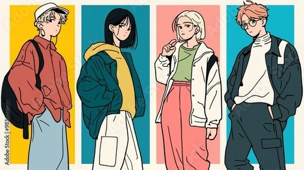 Fototapeta アニメ風カジュアル男女全身立ち絵　AI生成