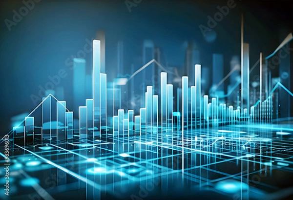 Fototapeta A 3D coin background with a blue finance graph and investment bar, showcasing growth and success in the market with technology and currency reports.