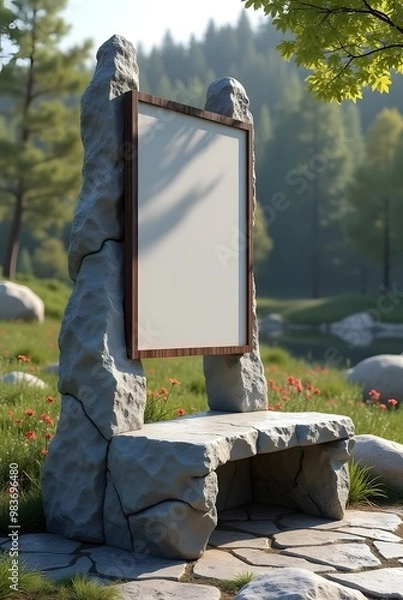 Obraz 自然の中に建築された石のモニュメントと木の枠で出来た白いボードの画像