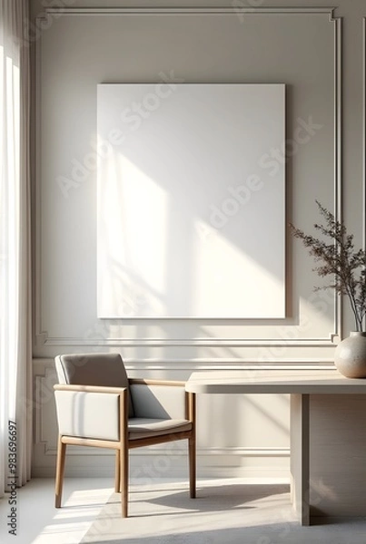 Obraz 光指す部屋の中の壁面に白いボードがかけられた画像