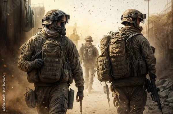 Fototapeta Heavily equipped soldiers in tactical gear and masks walk through a dusty warzone, prepared for combat in rugged conditions..