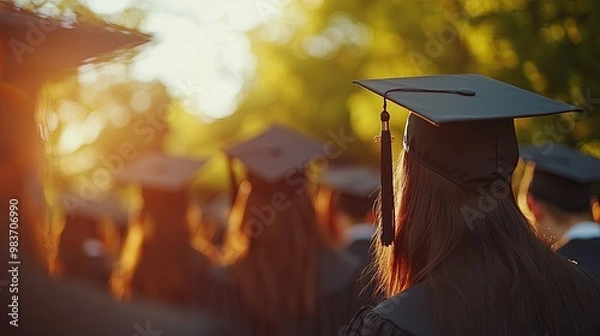 Fototapeta A Graduating Student in a Cap and Gown, Surrounded by Other Graduates