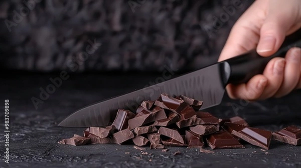 Fototapeta Chopping chocolate with a heavy-duty knife, small and even pieces, pastry kitchen setting, detailed and careful technique