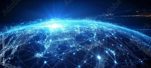 Fototapeta Abstract digital technology background with blue glowing network connections and AI icon on dark backdrop