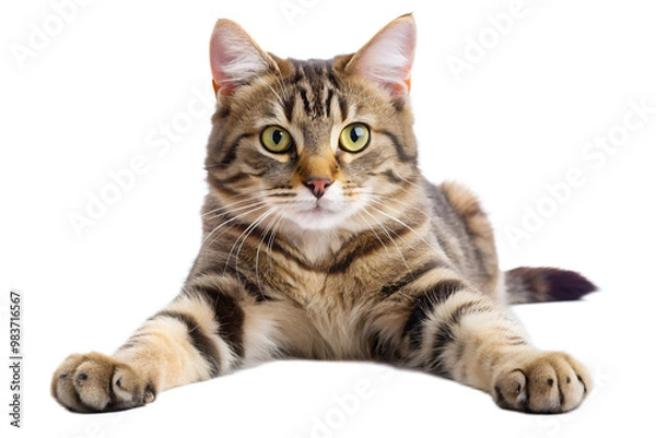 Fototapeta Tabby cat lying on transparent background with playful expression