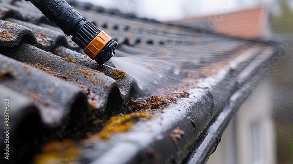 Obraz Cleaning Roof Gutters with a Water Pressure Sprayer