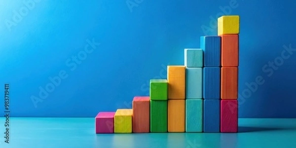 Fototapeta Colorful ascending blocks symbolizing growth on a blue background, Success, progress, development, growth, achievement