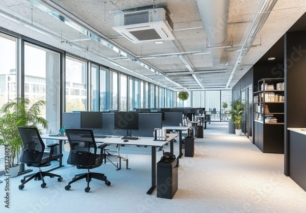 Fototapeta Modern office with ergonomic chairs, high-tech desks, large windows, bright lighting, plants, and minimalist furniture for a clean professional workspace