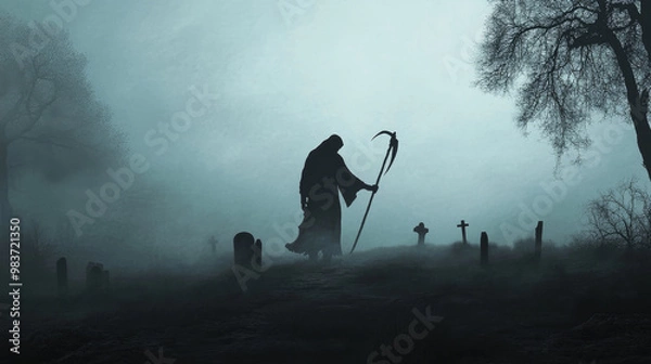 Fototapeta A mysterious figure, resembling Grim Reaper, walks through misty graveyard, surrounded by tombstones and trees, evoking haunting atmosphere