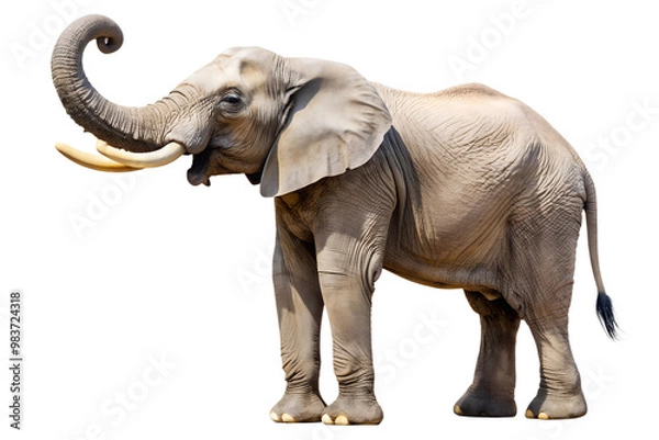 Fototapeta African elephant with raised trunk and tusks isolated on white