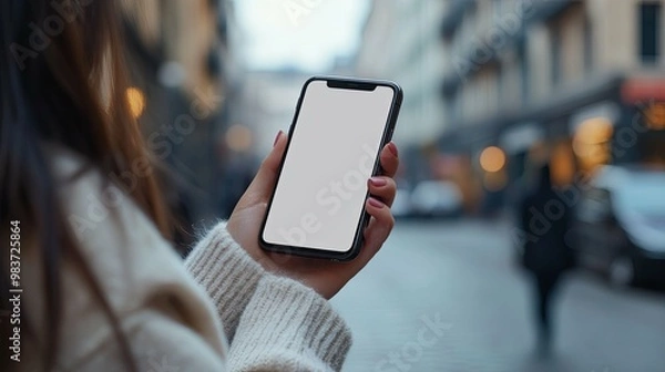 Obraz Woman Holding Smartphone with Blank Screen in City Setting