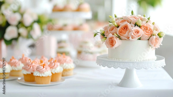 Fototapeta A beautifully arranged table setting featuring bridal shower theme, showcasing stunning cake adorned with pink roses and delightful cupcakes with pink frosting. atmosphere is elegant and celebratory