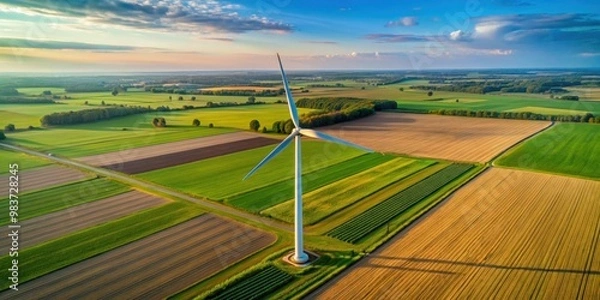 Fototapeta Aerial drone view of wind turbine on farmland during the day, wind turbine, renewable energy, onshore, aerial
