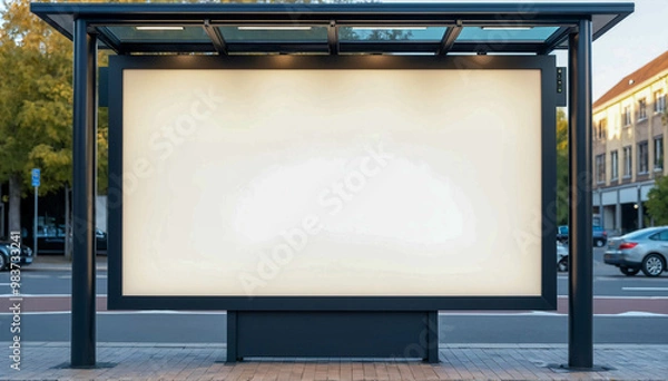 Fototapeta Blank billboard poster at bus stop. Generative AI