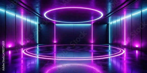Fototapeta Empty dark futuristic room with neon purple lighting, floor reflections, and a glowing circle , Sci-fi, gloomy