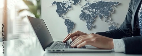 Fototapeta A business professional typing on a laptop, with a world map in the background, symbolizing global connectivity.