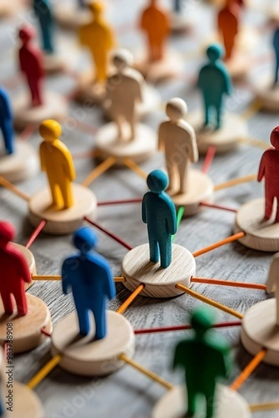 Fototapeta Wooden figurines in multiple colors representing business strategy and team dynamics.