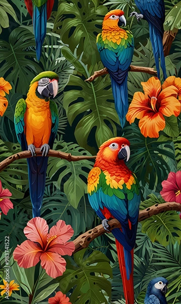 Obraz A vibrant tropical jungle scene with large green leaves, exotic flowers, and colorful parrots perched on branches, creating an energetic nature-inspired mobile wallpaper.