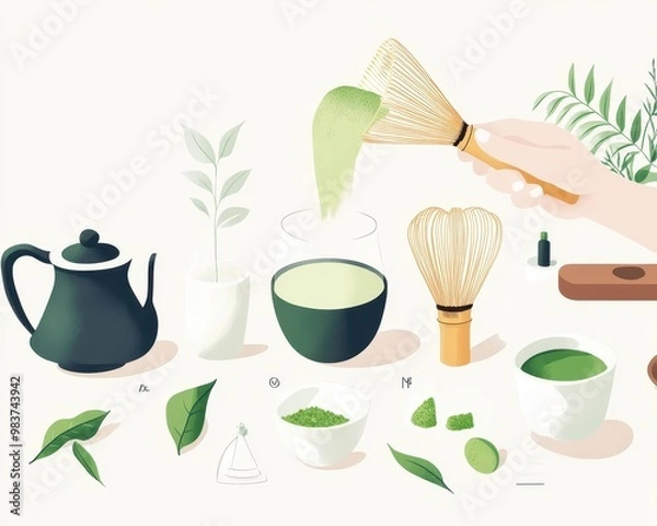 Fototapeta Tea Preparation with Matcha and Greenery Elements