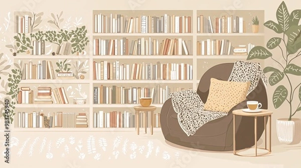 Fototapeta Cozy living room with a comfortable armchair, a side table with a cup of tea, and a large bookshelf filled with books.