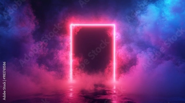 Fototapeta Neon frame in the wall with a hole. A neon framed doorway glowing in pink light, with smoke billowing through a broken wall, creating a surreal and futuristic background