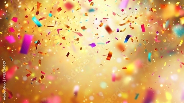 Fototapeta A festive and colorful party with flying neon confetti on a golden background