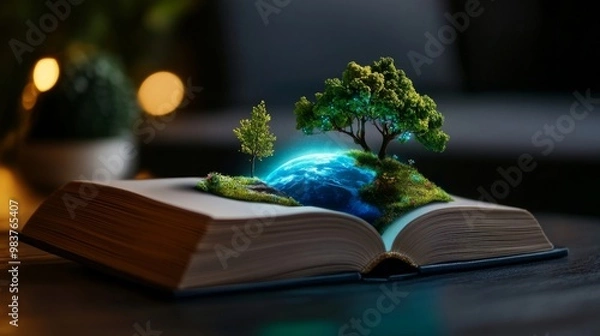 Fototapeta Imaginary Realms: An Open Book with a Small World of Trees, Greenery, and a Glowing Earth Inside, Illuminated in Warm Light