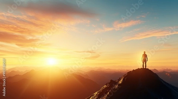 Fototapeta Silhouette of Man at Sunrise Over Mountain Range