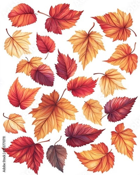 Fototapeta Collection of various autumn leaves in different shades of red, orange, and yellow on a white background.