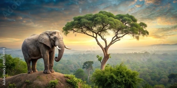 Fototapeta Lonely elephant sitting on top of a tall tree in the jungle, lonely, elephant, tree, wildlife, nature, animal, isolated, alone