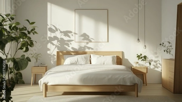 Fototapeta A serene bedroom with natural light, wooden furniture, and plants, creating a calming atmosphere.