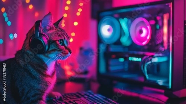 Fototapeta Cute cat with headphones sitting at a computer setup with neon lights and gaming accessories in a vibrant, colorful room.