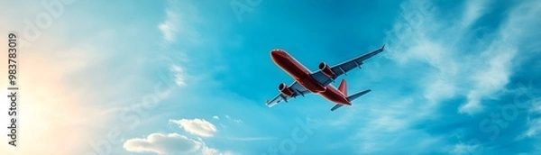Fototapeta A bright, blue sky serves as a backdrop for a red airplane soaring through the air, symbolizing travel and adventure.