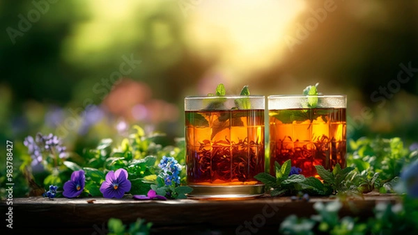 Fototapeta Two fancy glasses of herbal mint tea, representing the trend of self care and well being through detox beverages and reconnecting with nature. AI generated.