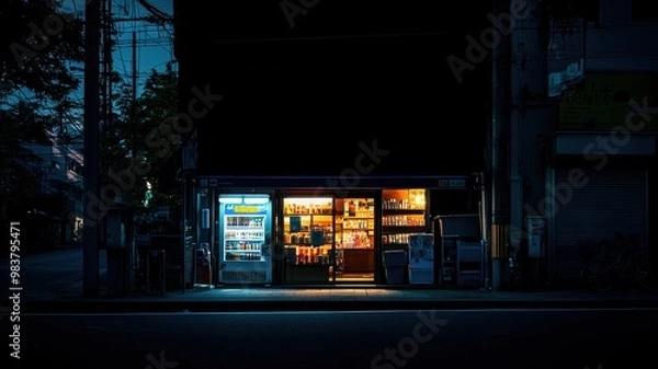 Fototapeta A cozy convenience store illuminated brightly at night, inviting customers with its warm glow amidst the darkness of the city.