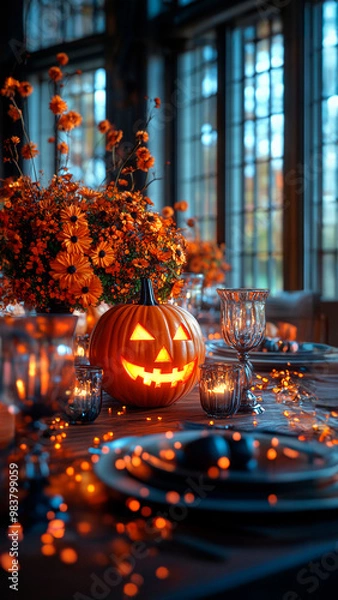 Fototapeta Halloween dinner table with stylish pumpkin decorations inside a luxury mansion with large windows