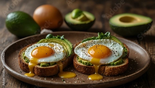 Fototapeta Avocado toast with sunny-side-up egg on a rustic table.