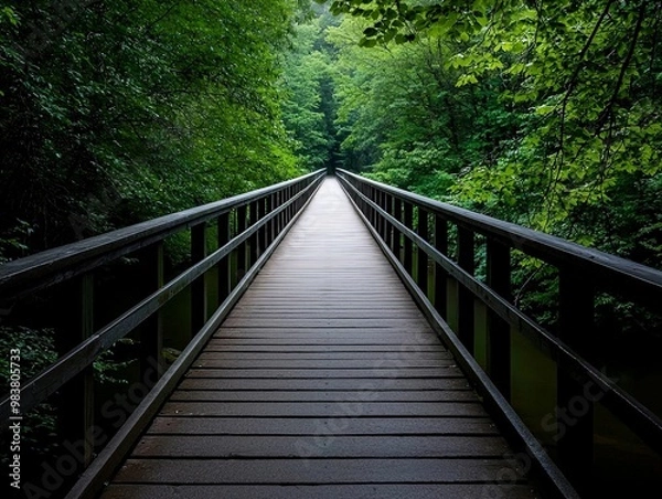 Fototapeta A narrow wooden bridge spanning a tranquil creek, surrounded by dense, lush greenery